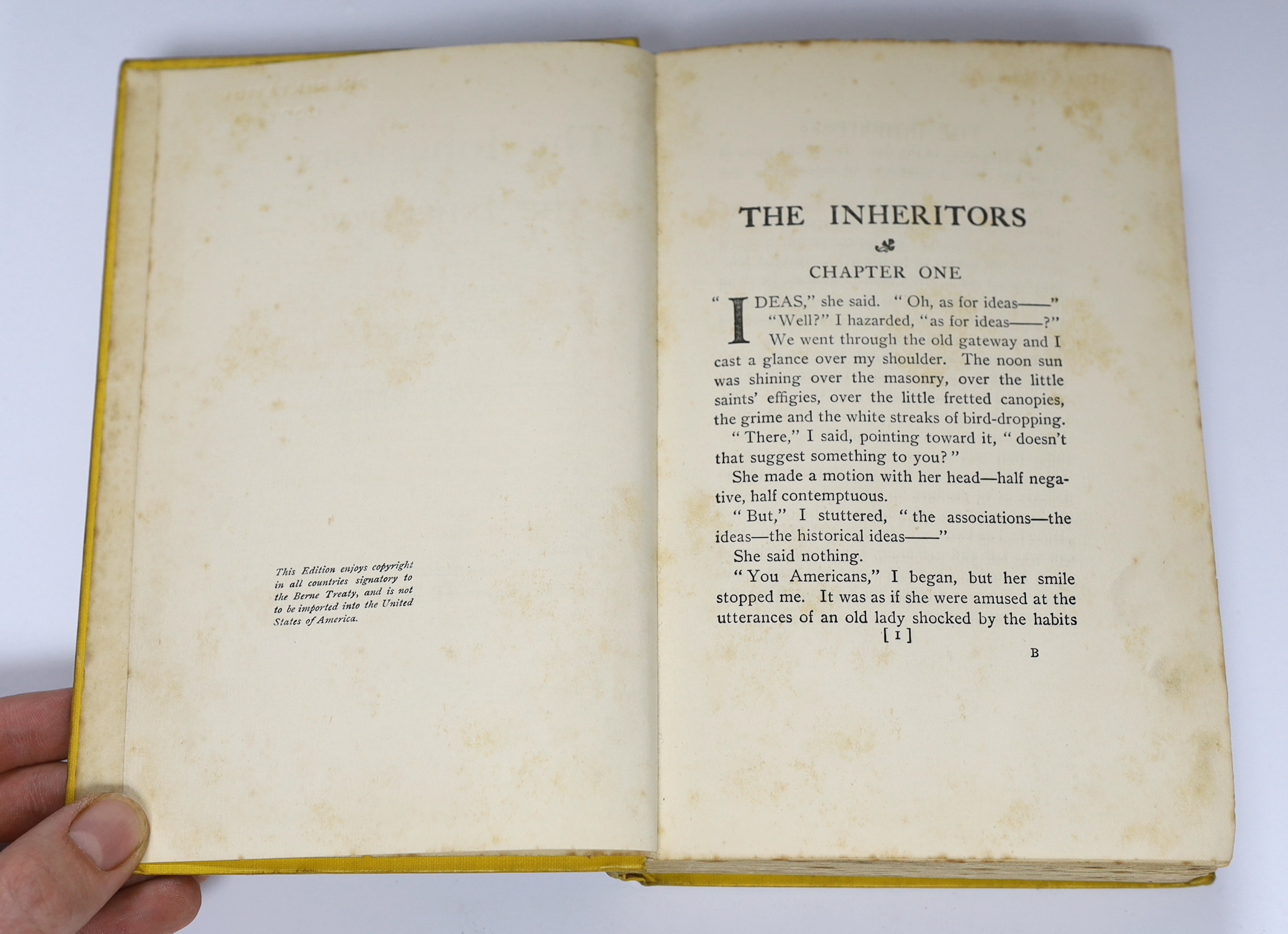 Conrad, Joseph and Hueffer, Ford Madox - The Inheritors: An Extravagant Story, 1st English edition, 8vo, yellow pictorial cloth, without dedication leaf later inserted in some copies, lacks front endpaper and half title,